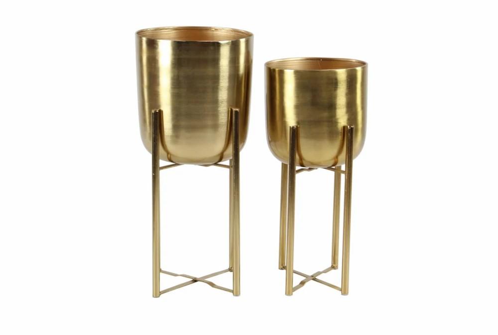 Planters | Gold 22 Inch Metal Floor Planter Set Of 2 Decor Planters