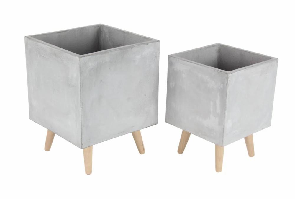 Planters | Grey 18 Inch Fiber Clay Wood Planter Set Of 2 Decor Planters