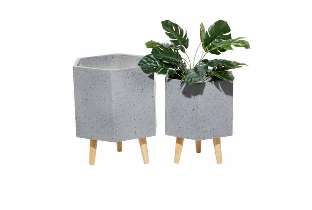 Planters | Grey Wood Planter Set Of 2 Decor Planters