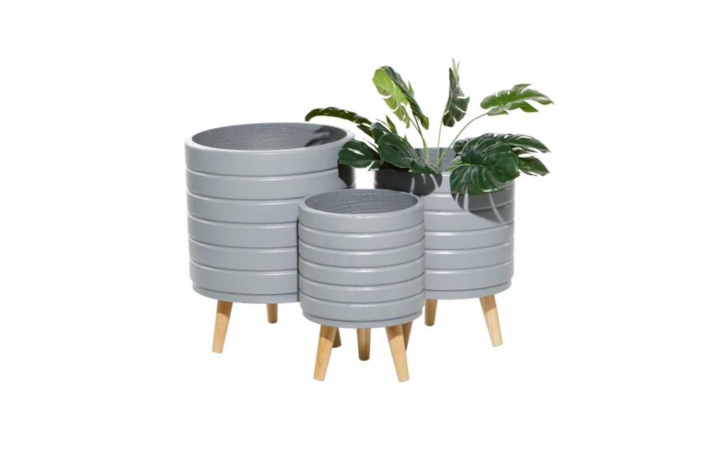 Planters | Grey Wood Planter Set Of 3 Decor Planters