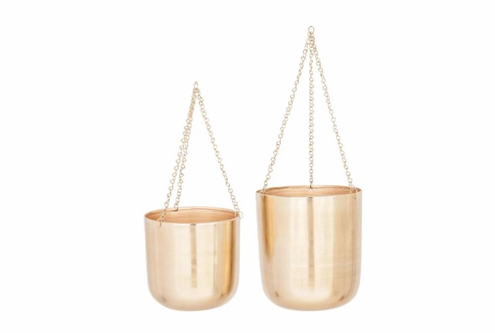 Planters | Set Of 2 Shiny Gold Hanging Planters Decor Planters