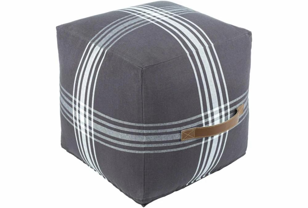 Poufs | 16X16 Charcoal + White Plaid Cube Pouf With Cognac Leather Handle Decor Poufs