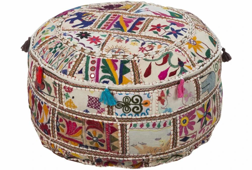 Poufs | Pouf-Multicolored Patched Embroidered Beaded Decor Poufs