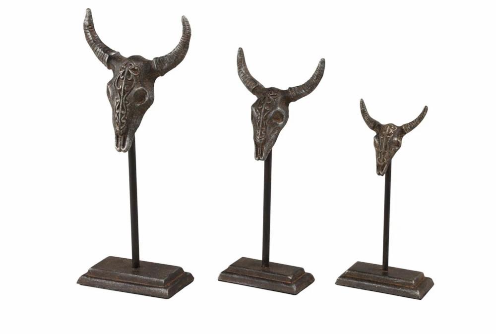 Sculptures + Figurines | 15 Inch Grey Metal Bull Sculpture Set Of 3 Decor Sculptures + Figurines