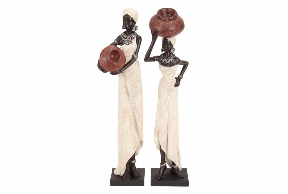 Sculptures + Figurines | 16 Inch Cream Polystone Standing African Woman Sculpture With Red Water Pots And Black Base Set Of 2 Decor Sculptures + Figurines