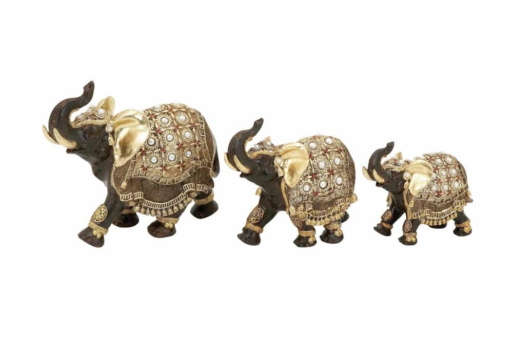 Sculptures + Figurines | 5, 6, + 7 Inch Gold Polystone Eclectic Elephant Sculpture Set Of 3 Decor Sculptures + Figurines