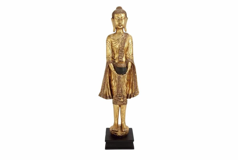 Sculptures + Figurines | 54 Inch Gold Resin Meditating Buddha Sculpture With Engraved Carvings And Relief Detailing Decor Sculptures + Figurines