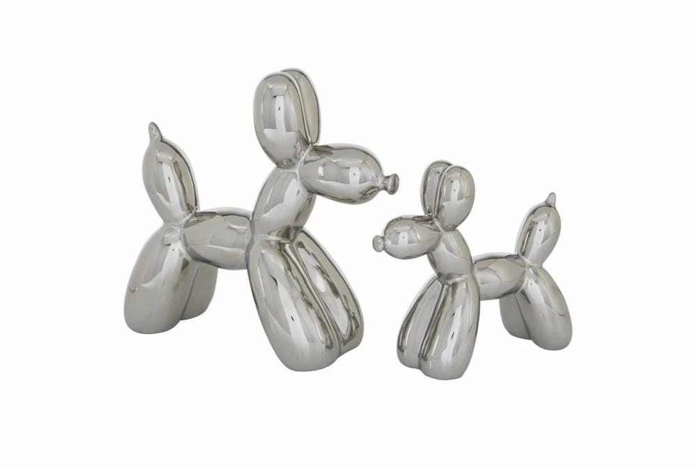 Sculptures + Figurines | 7 + 9 Inch Silver Ceramic Contemporary Dog Sculpture Set Of 2 Decor Sculptures + Figurines