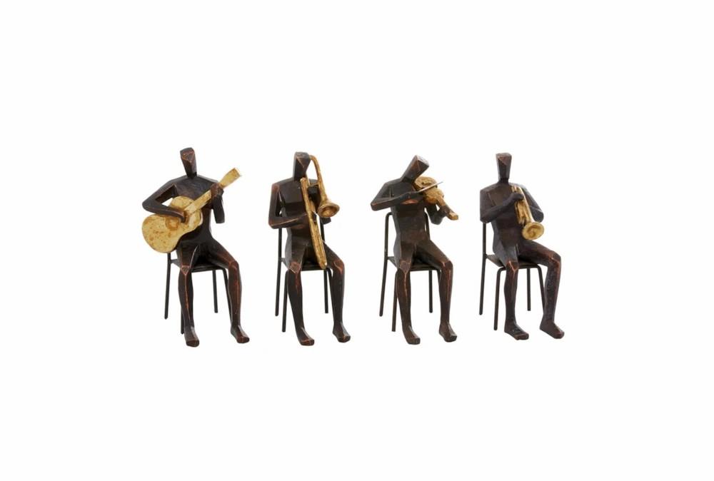 Sculptures + Figurines | 8 Inch Brown Polystone Musician Sculpture With Gold Instruments Set Of 4 Decor Sculptures + Figurines