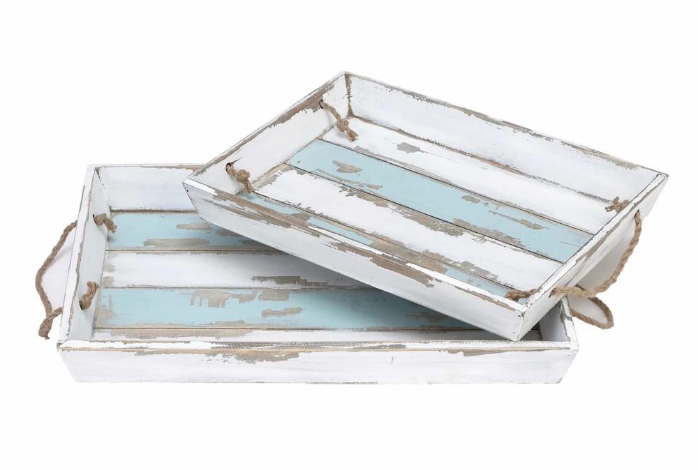 Trays | 15 + 18 Inch White Wood Tray With Blue Stripe Set Of 2 Decor Trays