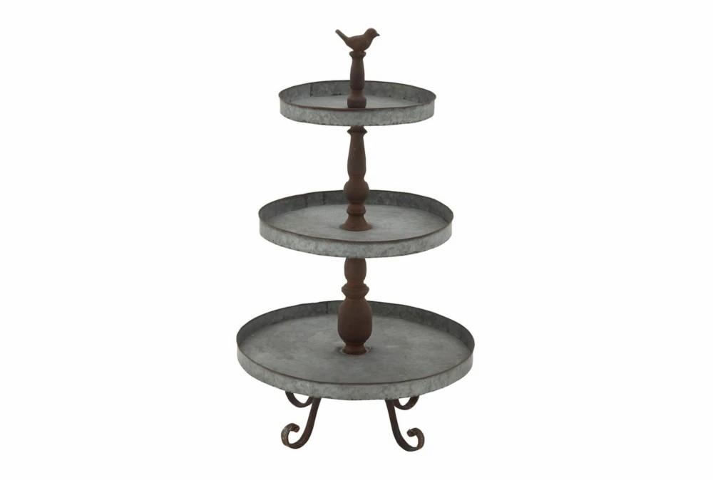 Trays | 29 Inch 3 Tier Silver Metal Tray With Bird Handle Decor Trays