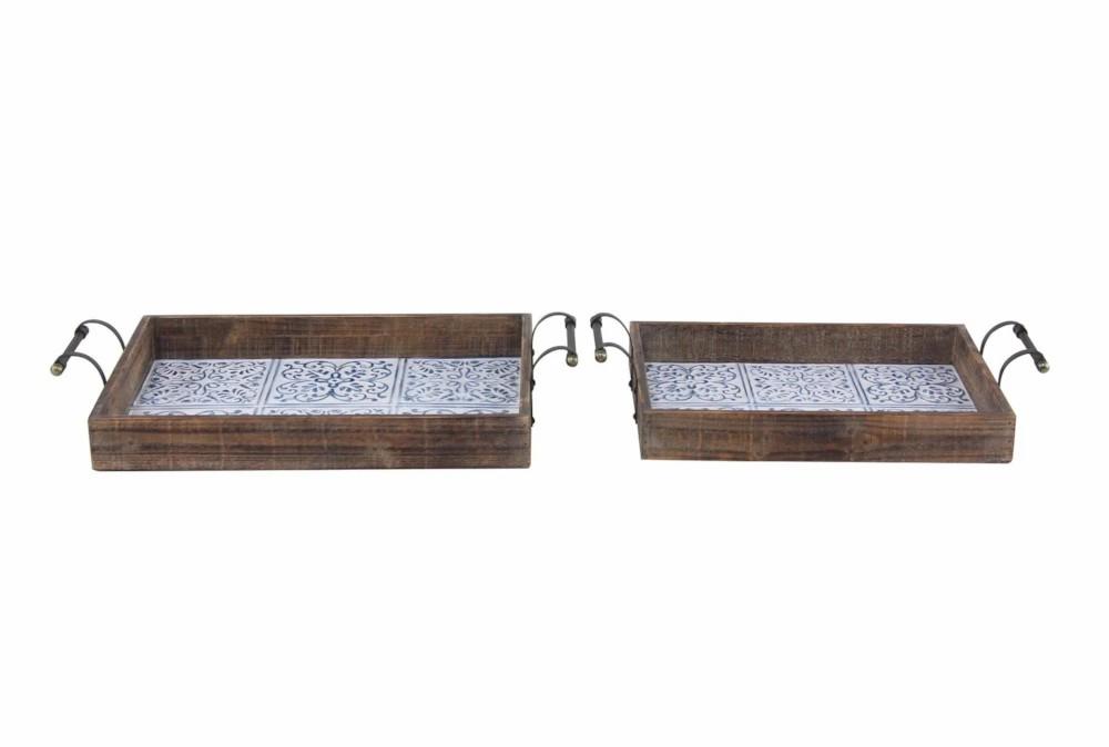 Trays | Set Of 2 Blue Tile And Wood Trays Decor Trays