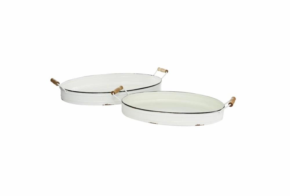 Trays | White Enamel Metal Tray Set Of 2 Decor Trays