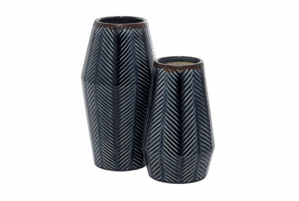 Vases | 11″, 8″ Navy Ceramic Herringbone Pattern Vases Set Of 2 Decor Vases