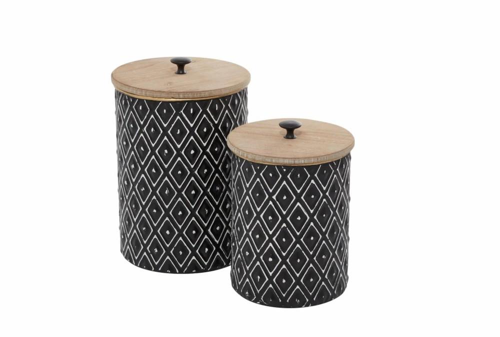 Vases | 11 Inch And 9 Inch Black Metal Diamond Canister With Wood Lid Set Of 2 Decor Vases