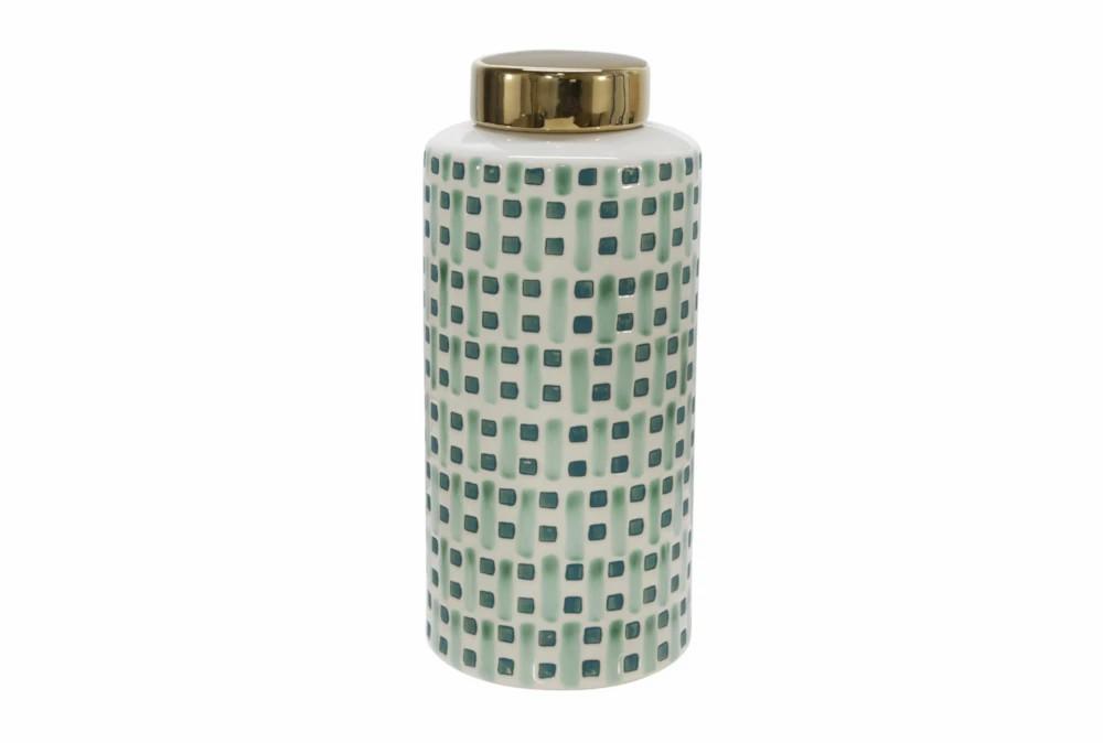 Vases | 13 Inch Green Weave Ceramic Jar With Gold Lid Decor Vases