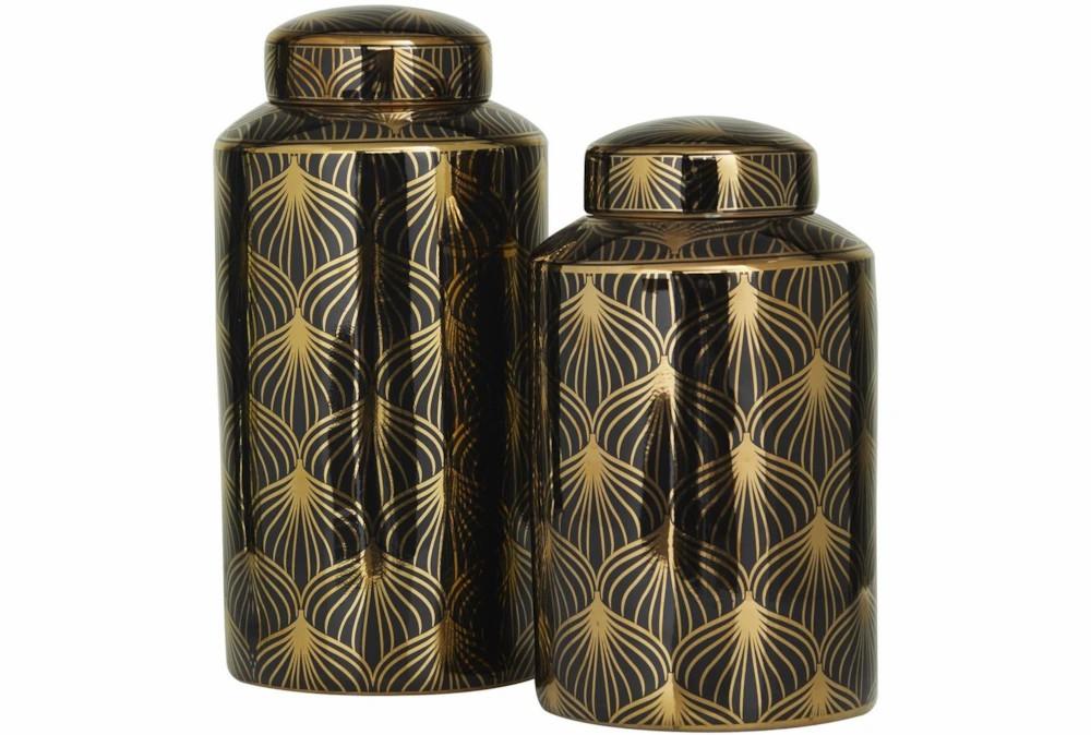 Vases | 14″, 12″ Black + Gold Fan Line Canister Jars Set Of 2 Decor Vases