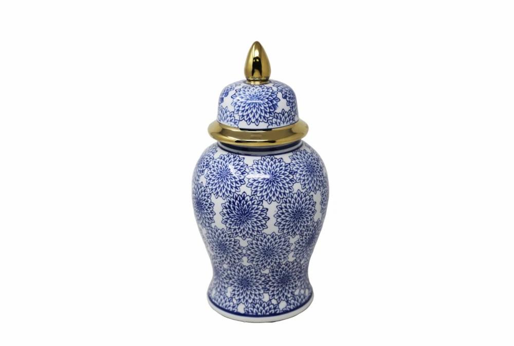 Vases | 14.5 Inch Temple Jar W/ Dahlia Flower Blue & White W/ Gold Trim Decor Vases