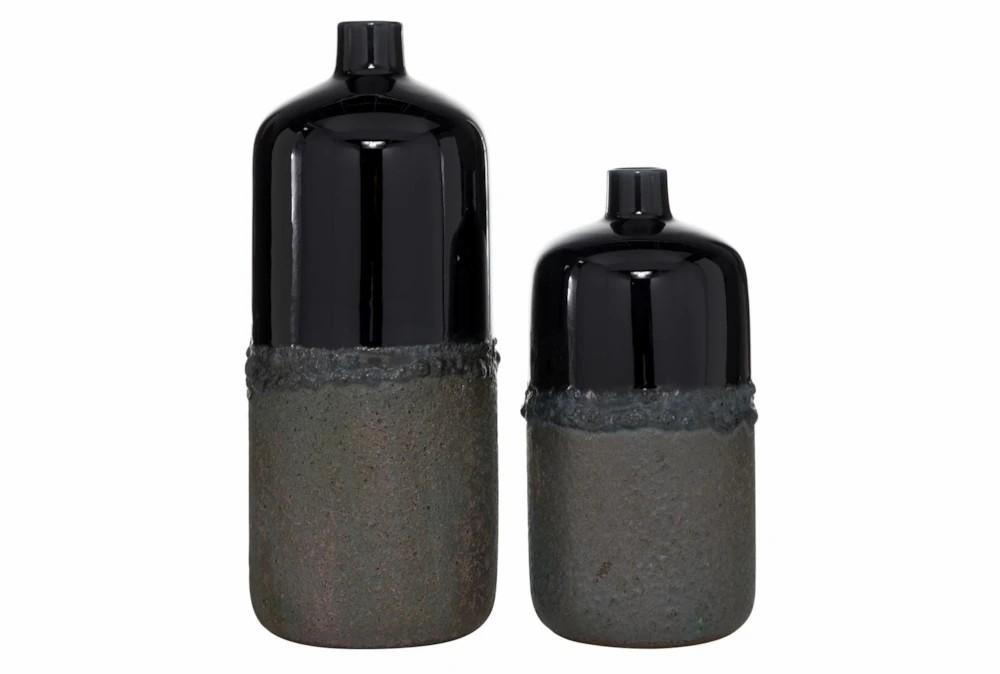 Vases | 15″ + 19″ Solid Black + Reactive Glaze Bottle Vases Set Of 2 Decor Vases