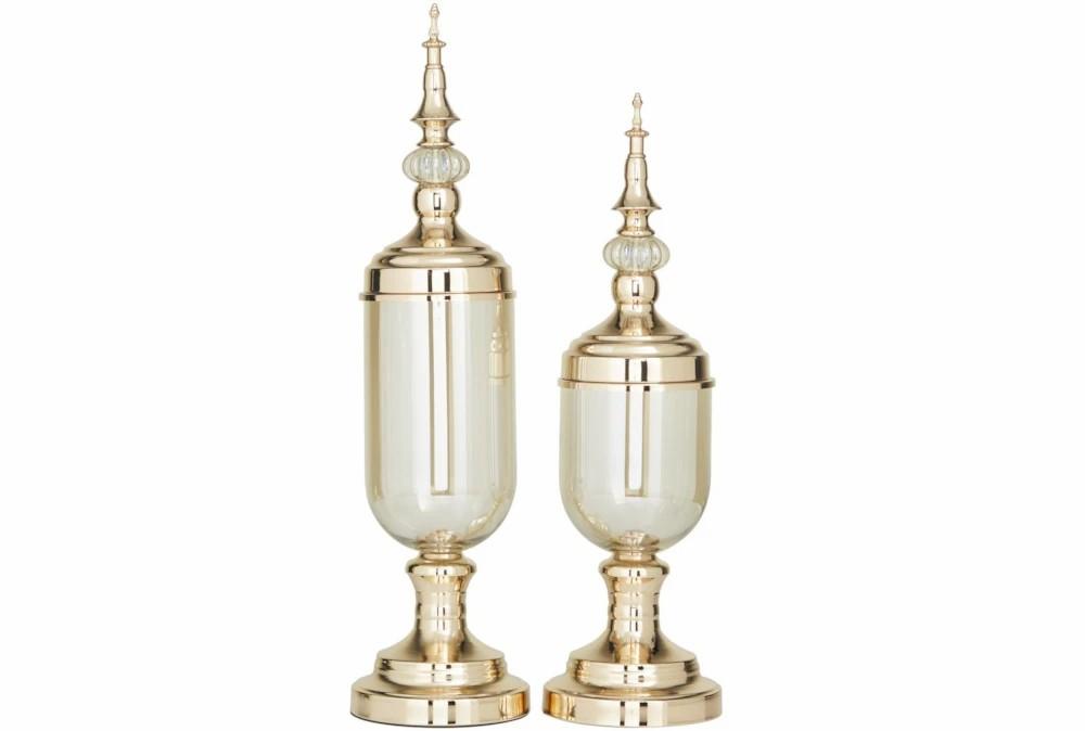 Vases | 22″, 19″ Gold Metal + Glass Footed Jars Set Of 2 Decor Vases