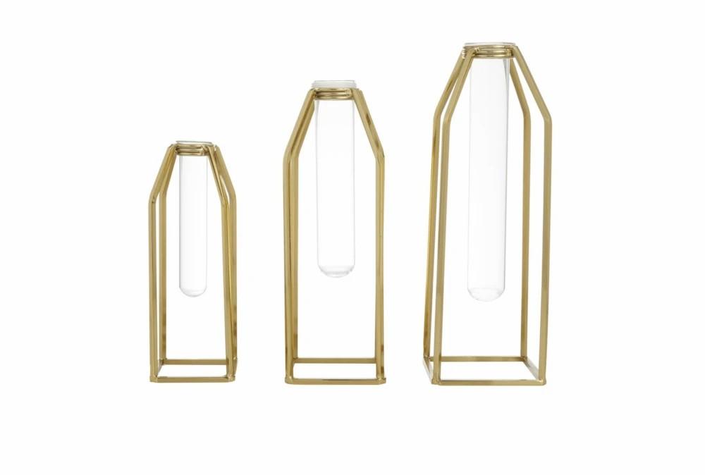 Vases | Gold Metal + Tube Bud Vase Vases Set Of 3 Decor Vases