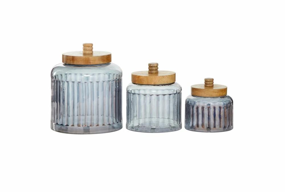 Vases | Set Of 3 Glass Jars With Wood Lid Decor Vases