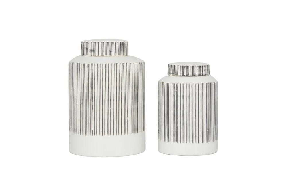 Vases | White + Black Stripe Modern Lidded Jars Set Of 2 Decor Vases