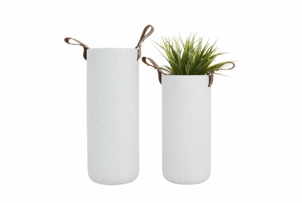 Vases | White Ceramic + Leather Handle Vases Set Of 2 Decor Vases