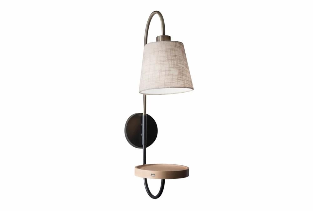 Wall Sconces | 25″ Matte Black, Brass + Natural Wood Hardwired Or Plug-In Wall Sconce Lamp With Tray + Usb Decor Wall Sconces