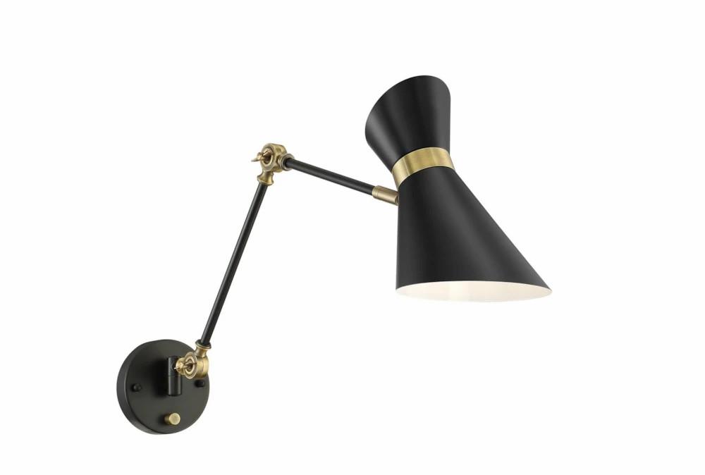 Wall Sconces | 7 Inch Black + Brass Metal Angular Shade Adjustable Swing Arm Plug In Task Wall Sconce With Hardwire Kit Decor Wall Sconces