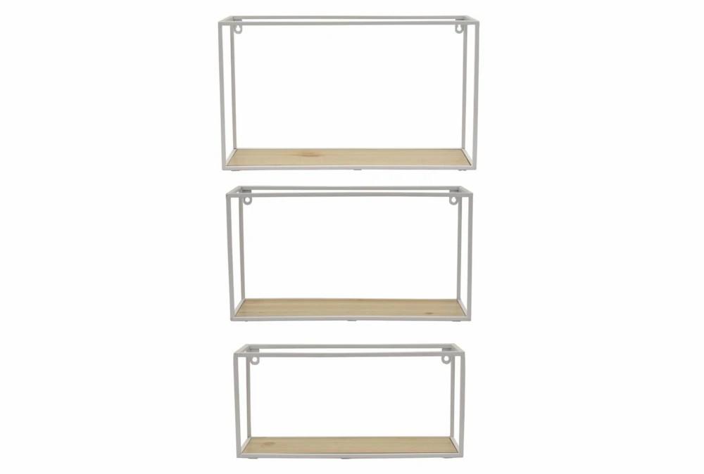 Wall Shelves | 10X17 White Metal + Wood Rectangular Wall Shelves Set Of 3 Decor Wall Shelves