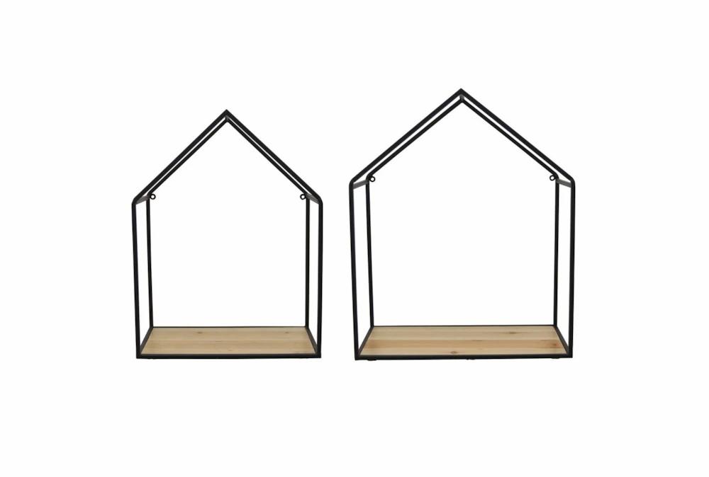 Wall Shelves | 17X14 Black Metal + Wood House Shaped Wall Shelves Set Of 2 Decor Wall Shelves