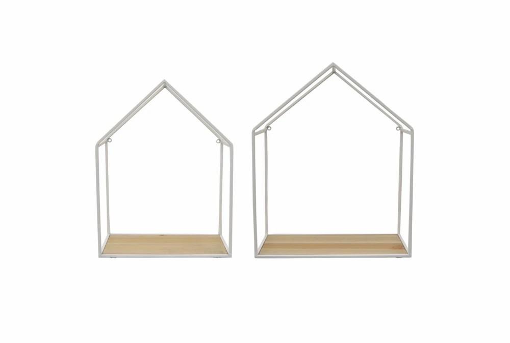 Wall Shelves | 17X14 White Metal + Wood House Shaped Wall Shelves Set Of 2 Decor Wall Shelves