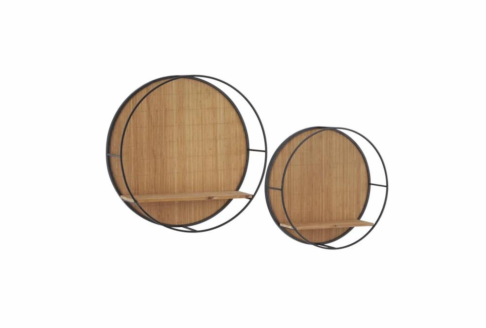 Wall Shelves | 19X19 Black Metal + Brown Bamboo Circular Wall Shelves Set Of 2 Decor Wall Shelves