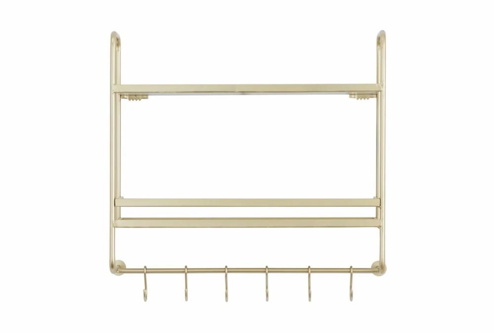 Wall Shelves | 20X20 Gold Metal Modern 2 Tier Wall Shelf With Hooks Decor Wall Shelves