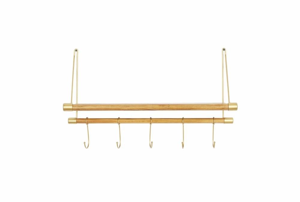 Wall Shelves | 23X14 Inch Gold + Wood Wall Shelf With Hooks Decor Wall Shelves