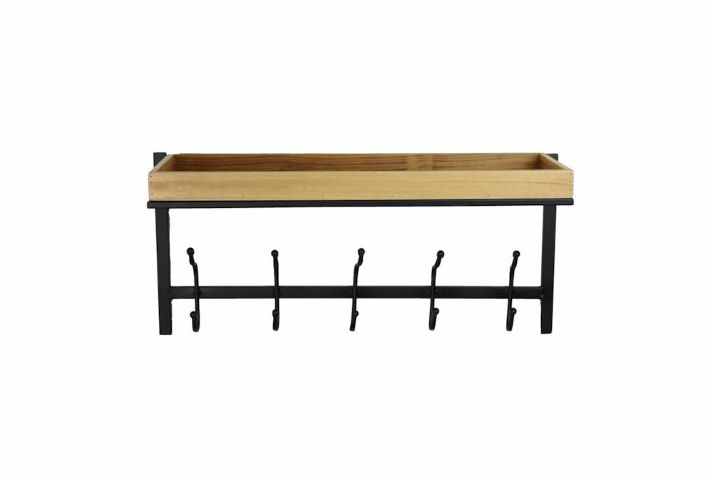 Wall Shelves | 24X12 Black Metal + Wood Wall Shelf With Hooks Decor Wall Shelves