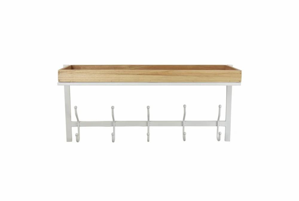 Wall Shelves | 24X12 White Metal + Wood Wall Shelf With Hooks Decor Wall Shelves