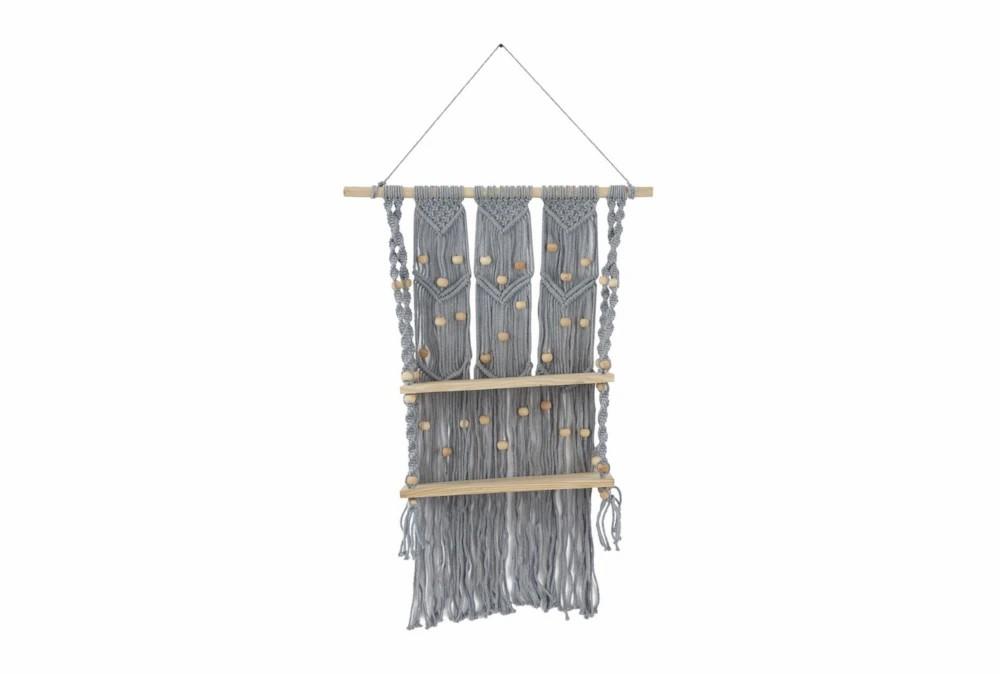 Wall Shelves | 25X47 Gray Cotton Macrame + Wood Bead Bohemian Hanging 2 Tier Wall Shelf Decor Wall Shelves