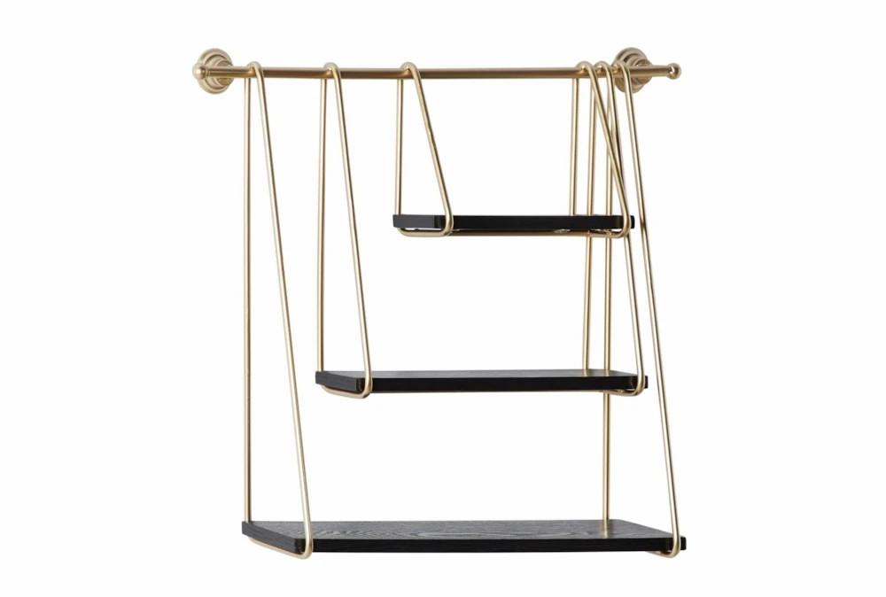 Wall Shelves | 26X22 Gold Metal + Black Wood Modern 3 Tier Swinging Wall Shelf Decor Wall Shelves