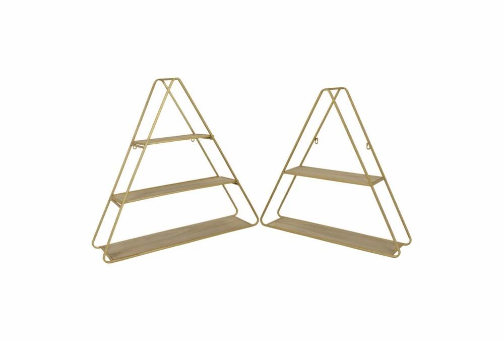 Wall Shelves | 27X28 Gold Metal + Wood Triangle Wall Shelves Set Of 2 Decor Wall Shelves