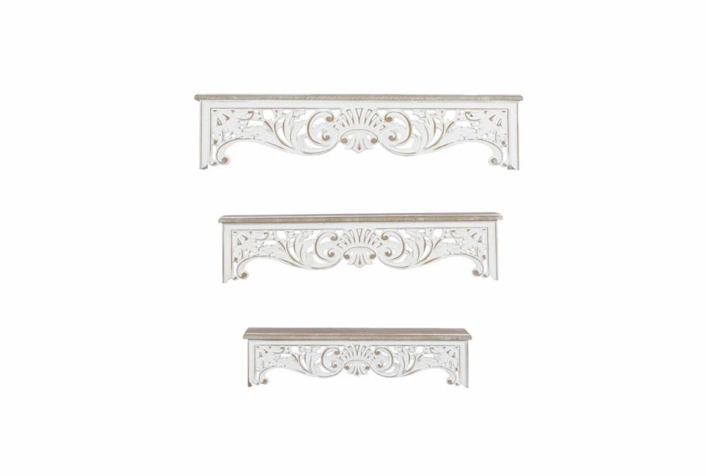 Wall Shelves | 28X6 White Washed Wood Floral Carved Wall Shelves Set Of 3 Decor Wall Shelves