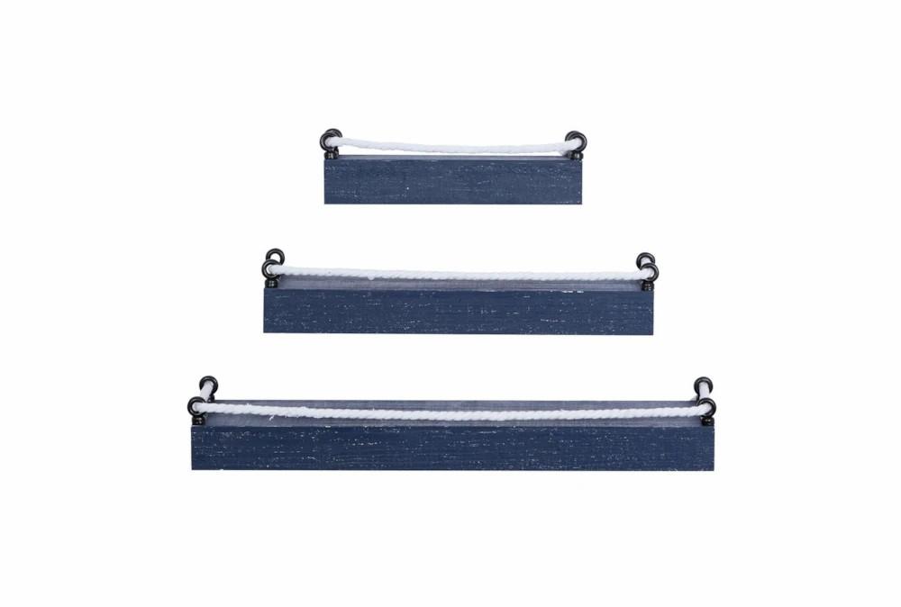 Wall Shelves | 32X4 Blue Wood + White Knotted Rope Nautical Style Wall Shelf Set Of 3 Decor Wall Shelves