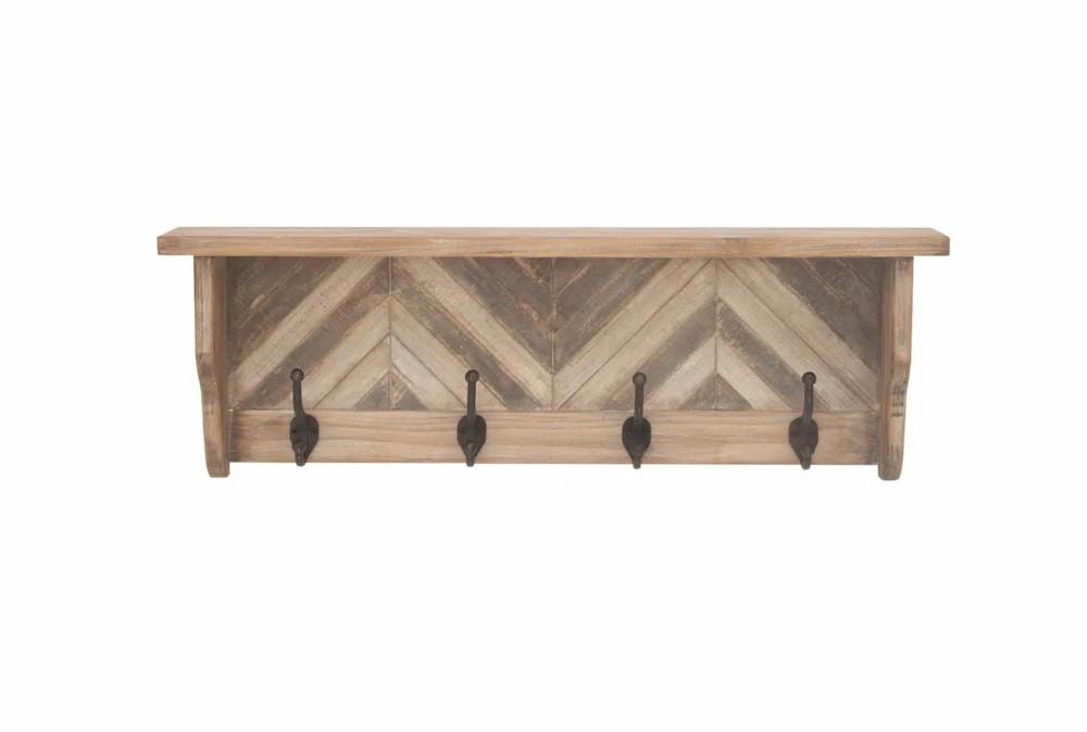 Wall Shelves | Wood Chevron Pattern Wall Shelf With Metal Hooks Decor Wall Shelves