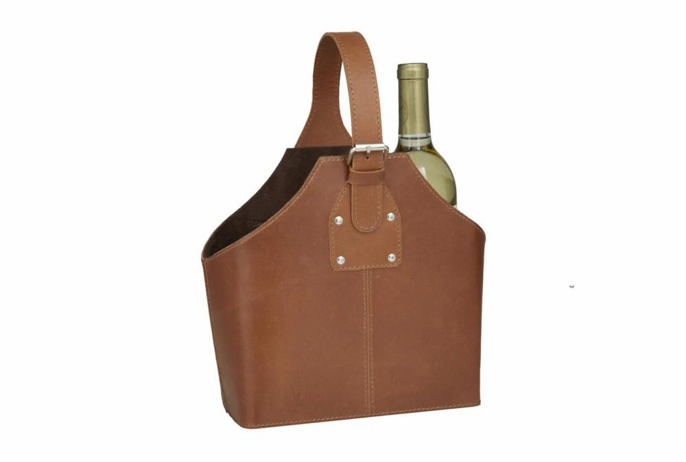 Wine Holders | 13 Inch Camel Brown Leather 2 Bottle Wine Carrying Basket Decor Wine Holders