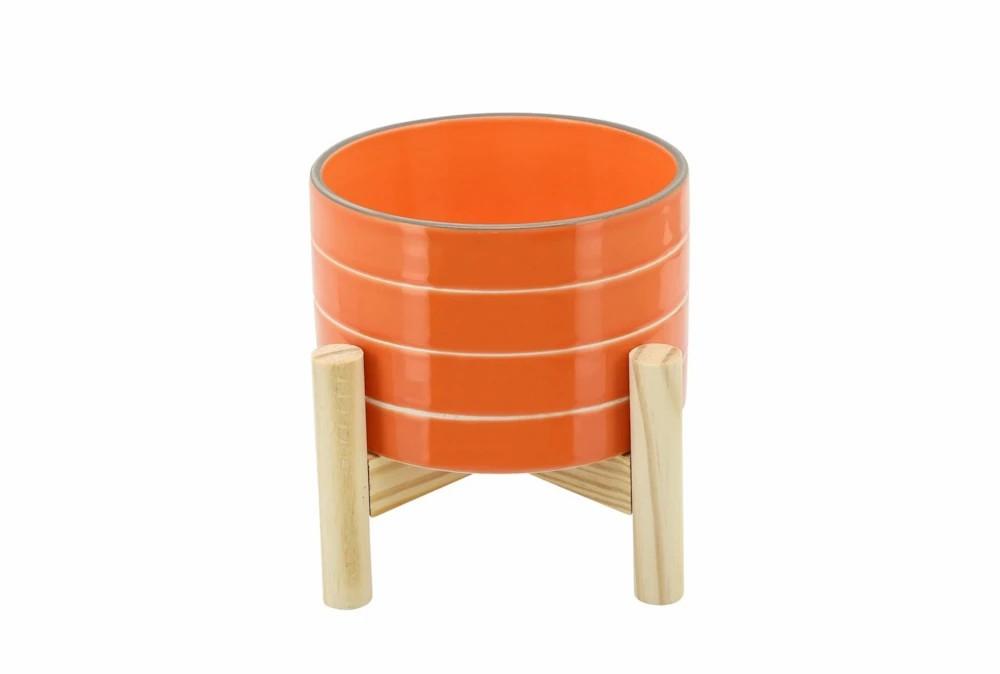 Planters | 6 Inch Orange Striped Planter W/ Wood Stand Decor Planters