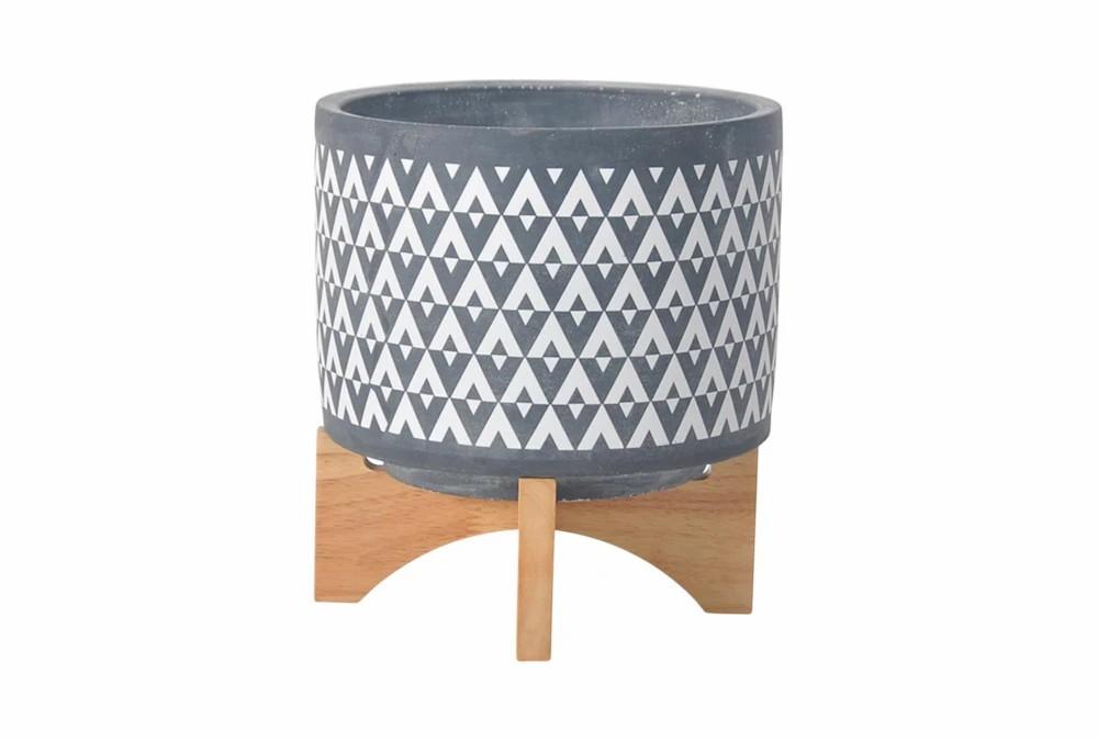 Planters | 8 Inch Gray Aztec Planter On Wooden Stand Decor Planters