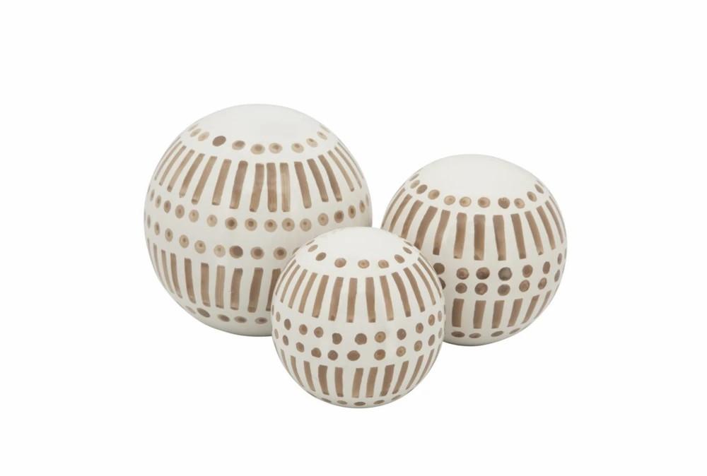 Sculptures + Figurines | Tan + White Patterned Ceramic Orbs-Set Of 3 Decor Sculptures + Figurines