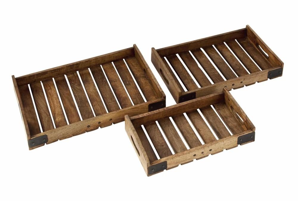 Trays | 3 Piece Set Wood Metal Crate Tray Decor Trays