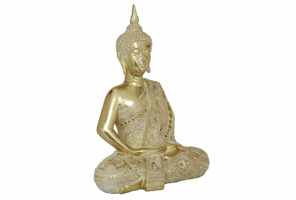 Sculptures + Figurines | 20 Inch Gold Polystone Glam Buddha Sculpture With Intricate Carvings And Mirrored Embellishments Decor Sculptures + Figurines